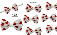 12x Vlinderstrik wit met rode hartjes - vlinder strik hart liefde valentijn love festival thema feest party