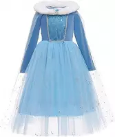 Elsa jurk Deluxe met bontkraag + kroon maat 122-128 (130) Prinsessen jurk verkleedkleding