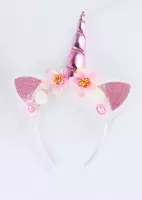 Eenhoorn haarband lichtroze - unicorn diadeem met oortjes en bloemetjes - roze hoorn bloemen wit roze