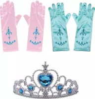 Het Betere Merk - Voor bij je prinsessen verkleedkleding - prinsessenspeelgoed meisje - Frozen speelgoed - 3-Pack - Elsa - Anna handschoenen + Kroon - Tiara - Roze - Blauw