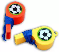 12 stuks voetbal fluitjes aan koord oranje en geel 5 cm