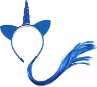 Eenhoorn haarband blauw haar - unicorn diadeem met oortjes - blauwe hoorn nephaar glitter vlecht extensions
