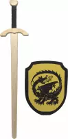 Houten roofridder zwaard en ridderschild geel met zwarte draak schild ridderzwaard kinderzwaard