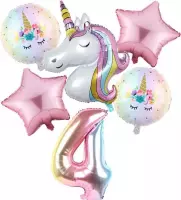 * Unicorn * Eenhoorn Licht Roze* Set van 6 Ballonnen XL * Unicorn Nummer 4 * Vierde verjaardag * Hoera 4 Jaar * Birthday * Ballon Cijfer 4