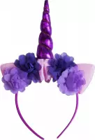 Eenhoorn haarband paars unicorn diadeem met oortjes en bloemetjes - paarse hoorn - bloemen paars roze festival