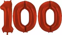 De Ballonnenkoning - Folieballon Cijfer 100 Rood Metallic Mat - 86 cm