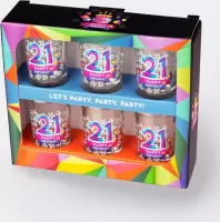 Verjaardag -  6 Happy Shot glasses - 21 Happy Birthday - In cadeauverpakking met gekleurd lint