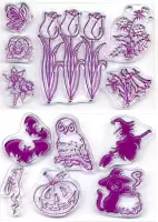 2 Sets Transparante Stempels - Tulpen en Halloween - 7 x 10cm - Maak prachtige kaarten en andere creatieve projecten - Met Transparant Stempel Blok - 3,4 x 3,7cm