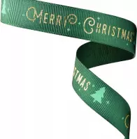 Kerst Lint 16mm (1,6cm) | Luxe Grosgrain Lint Ripsband | Merry Christmas Kerstboom | Donker Groen Goud Glitter | Cadeaulint | Kerstlint | Rol: 10 Meter