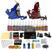 Complete Tatoeage set Tattoo kit met 2 guns, 14x inkt, 20 naalden, voeding, etc. Uit voorraad leverbaar!