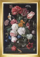 Thea Gouverneur - Borduurpakket met telpatroon - 785.07 - Voorgesorteerde DMC Garens - Stilleven met bloemen in een glazen vaas. Jan Davidsz. de Heem. 1650 - 1683 - Zwart Aida 5.5