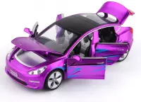 Tesla Model 3 Paars - Metalen Autospeelgoed - Geluid en Licht - Trek Speelgoedauto - 1:32