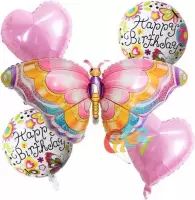 5 delig folieballonpakket met grote Vlinder en Happy Birthday ballonnen