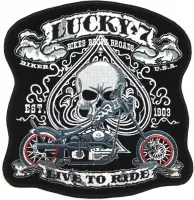Lucky 7 Live To Ride Biker XXL Strijk Embleem Patch 26 cm / 27.3 cm / Zwart Grijs