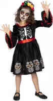 Spaans & Mexicaans Kostuum | Prachtige Schedels Day Of The Dead Met Diadeem | Meisje | Maat 140 | Halloween | Verkleedkleding