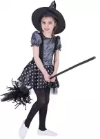 Funny Fashion - Heks & Spider Lady & Voodoo & Duistere Religie Kostuum - Magische Melkweg Heks - Meisje - zwart,zilver - Maat 140 - Halloween - Verkleedkleding