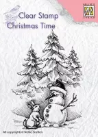 CT026 Nellie Snellen Clearstamp - stempel sneeuwman en haas - konijn en dennenbomen - kerstmis sneeuw scene