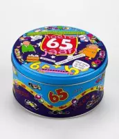 Verjaardag - Snoeptrommel - 65 jaar- Gevuld met een dropmix - In cadeauverpakking met gekleurd lint