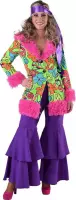 Hippie Kostuum | Roze Flamingo Bont Bloemen Mantel Vrouw | Large | Carnaval kostuum | Verkleedkleding