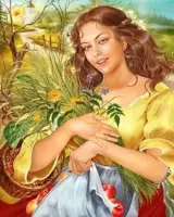 Denza - Diamond painting mooie vrolijke vrouw met bloemen en landschap40 x 50 cm volledige bedrukking ronde steentjes direct leverbaar.