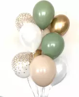 Huwelijk / Bruiloft - Geboorte - Verjaardag ballonnen | Groen - Beige - Goud - Off-White / Wit - Transparant - Polkadot Dots | Baby Shower - Kraamfeest - Fotoshoot - Wedding - Birt