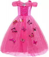 Doornroosje jurk Prinsessen jurk verkleedjurk 140-146 (140) fel roze Luxe met vlinders korte mouw + kroon verkleedkleding