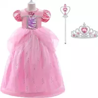 Prinsessenjurk meisje - Prinses - Roze - 104/110 + Tiara (Kroon) / Toverstaf + Juwelen + Handschoenen - verkleedkleren