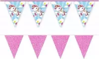2x Vlaggenlijnen eenhoorn en roze glitters 10 meter - Kinderfeestje/kinderpartijtje versiering - Kinderverjaardag decoratie