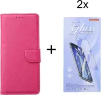 Motorola Moto E7i Power - Bookcase Roze - portemonee hoesje met 2 stuk Glas Screen protector