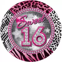 feestbord Sweet 16 karton 23 cm roze/zwart 8 stuks