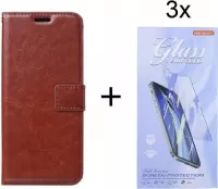 Sony Xperia 10 III - Bookcase Bruin - portemonee hoesje met 3 stuk Glas Screen protector