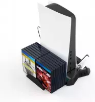 Parya Official - Playstation 5 - PS5 Oplaadstation - Charging Station - Verticale Standaard met koel systeem- Met hoesjeshouder - Zwart