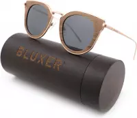 Bluxer® Zonnebril - Hippe Zonnebril Gepolariseerd - UV400 Lens - Zwart Frame - Rosewood - Grijze lens