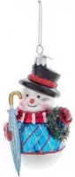 Kurt S. Adler Kerstornament - Sneeuwpop met paraplu - glas - wit blauw - 10cm