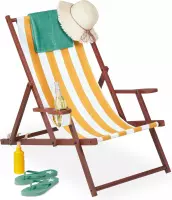 Relaxdays strandstoel gestreept 120 kg - ligstoel met armleuning - tuinstoel opvouwbaar - wit-geel