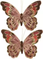 2x stuks decoratie vlinders op clip glitter bruin 18 cm - Bruiloftversiering/kerstversiering decoratievlinders