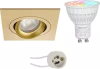 Mi-Light MiBoxer - LED Spot Set GU10 - Smart LED - Wifi LED - Slimme LED - 4W - RGB+CCT - Aanpasbare Kleur - Dimbaar - Pragmi Borny Pro - Inbouw Vierkant - Mat Goud - Kantelbaar - 92mm