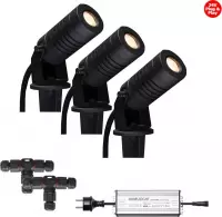 (Complete set) - 3 x LED Prikspot Tomar IP65 - 3 watt - 24v - Warmwit licht & 2 x Kabelverbinder T waterdicht - 24 v & 1 x LED Hamulight transformator 100w - 24v | LED Tuinverlichting | Buite