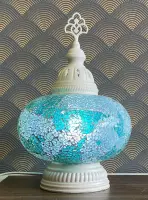 Turkse Lamp - Wit Mozaïek Lamp - Tafellamp - Marokkaanse Lamp - Oosterse Lamp - Recht model -  bol diameter Ø  19 cm - Hoogte 35 cm - Authentiek - Handmade - Kleurrijk - Turquoise