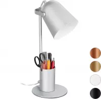 Relaxdays bureaulamp met pennenbakje - ijzeren tafellamp - bureaulampje - E27 - modern - zilver