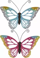 Set van 2x stuks tuindecoratie muur/wand/schutting vlinders van metaal in blauw en roze tinten 51 x 38 cm
