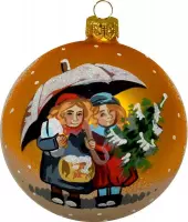 Fairy Glass - Verliefd stelletje onder paraplu - Handbeschilderde Kerstbal - Mond geblazen glas - 10cm