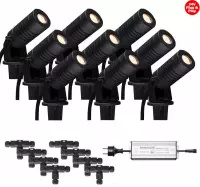 (Complete set) - 9 x LED Prikspot Tomar IP65 - 3 watt - 24v - Warmwit licht - & - 8 x Kabelverbinder T waterdicht - 24 v - & - 1 x LED Hamulight transformator 100w - 24v | Tuinverlichting | B