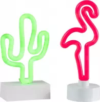 J-Line Neonled Tafellamp Op Voet Flamigo+Cactus Plastiek Roze/Groen Assortiment Van 2