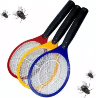 Elektrische vliegenmepper set van 3 stuks geel rood en blauwe muggen wespen vliegen incl batterijen