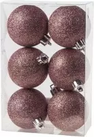 6x Roze kunststof kerstballen 6 cm - Glitter - Onbreekbare plastic kerstballen - Kerstboomversiering roze