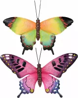 Set van 2x stuks tuindecoratie muur/wand/schutting vlinders van metaal in roze en groen tinten 48 x 30 cm