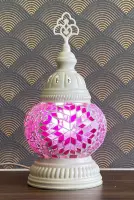 Turkse Lamp - Wit Mozaïek Lamp - Tafellamp - Marokkaanse Lamp - Oosterse Lamp - Recht model -  bol diameter Ø  12 cm - Hoogte 34 cm - Authentiek - Handmade - Kleurrijk - Red Fuchsi