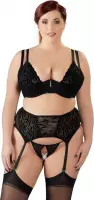 Cottelli Plus Size –  Jarretel Lingerie Set 3 Delig met Flockprint Inzetstukken – Maat 95E/2XL - Zwart
