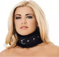 Rimba Bondage Play Collar leer breed en gevoerd met kunstbont - zwart M/L